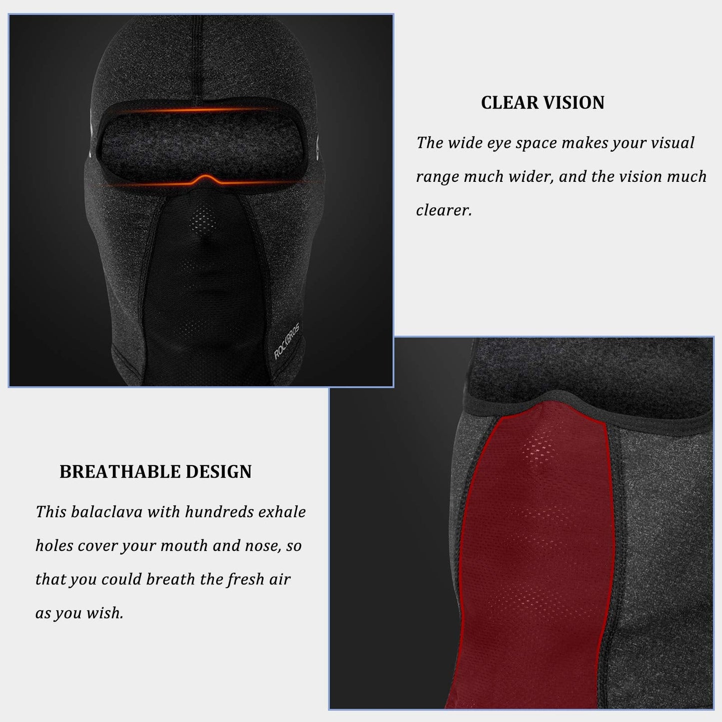 ROCKBROS Windproof Balaclava Winter Face Cover  Thermal Fleece Neck Warmer #Style_Black-With holes for glasses