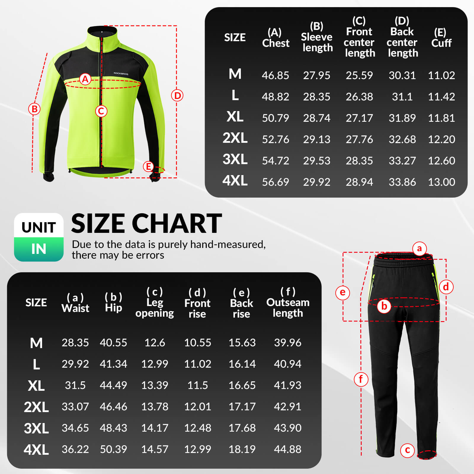ROCKBROS Outdoor Fleece Jacket and Pants Set size chart for accurate fit selection