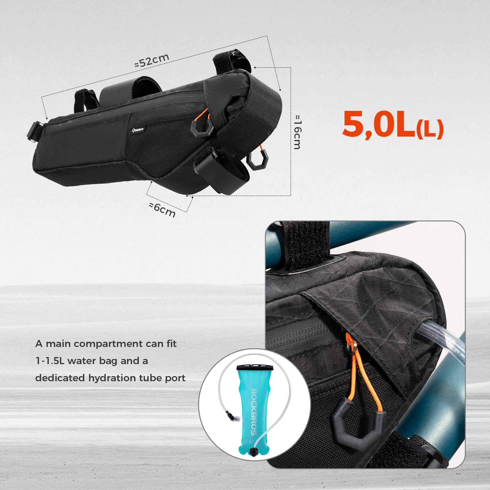 Black bike saddle bag with measurements and hydration port