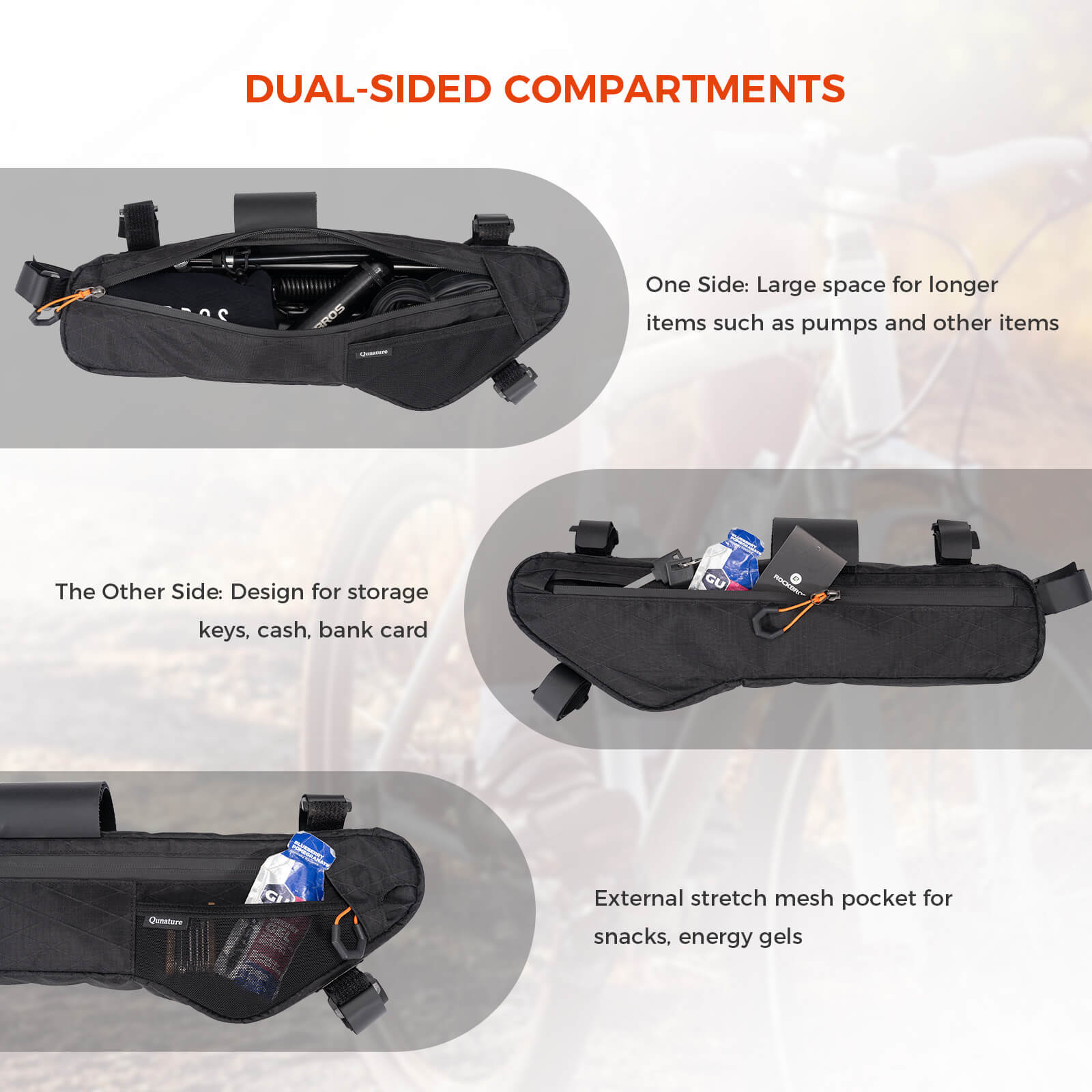Black bike bag with dual-sided compartments