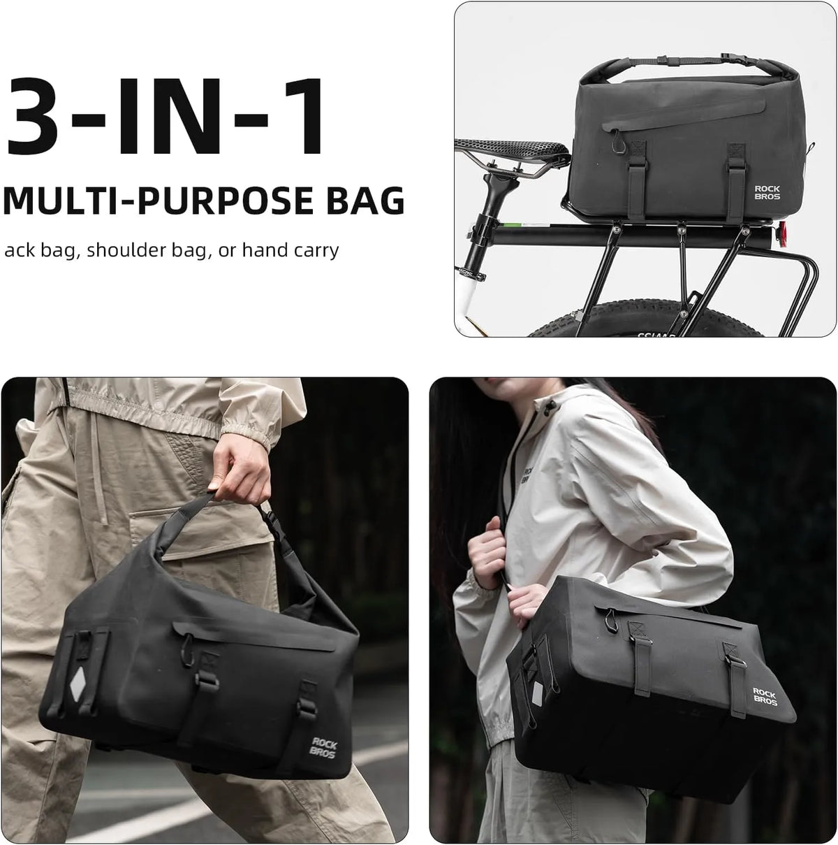 Bike rack bag with detachable shoulder strap for easy carrying off the bike