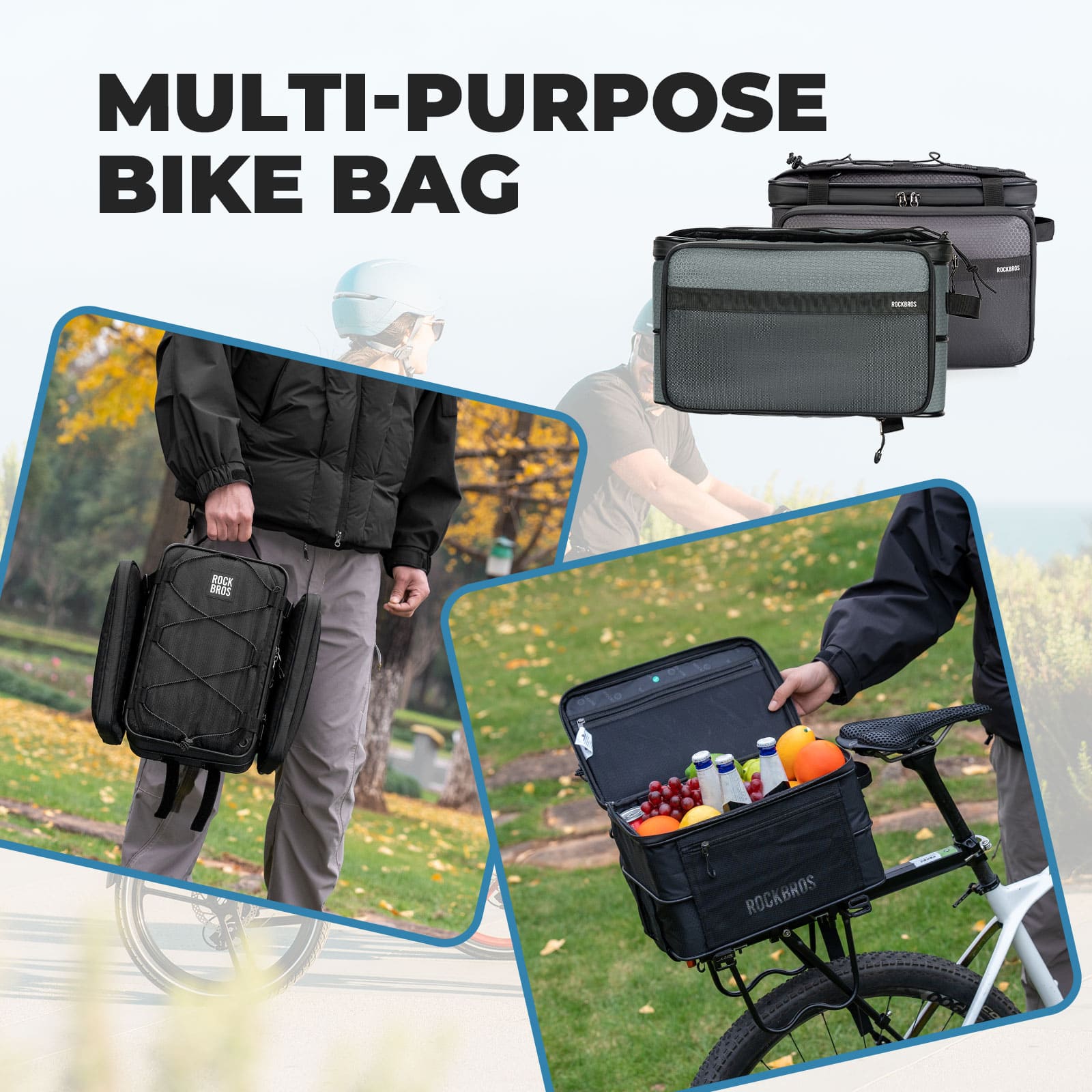 ROCKBROS expandable large capacity bike rear rack bag with removable side panniers