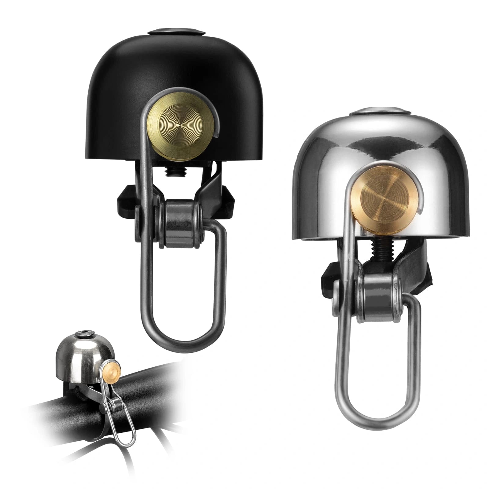 Classic 2-Pack Bike Bell with Loud Clear Ring, Durable Brass Alloy, Universal Handlebar Fit, and Scratch-Free Mounting
#Color_Black+Bright Silver 