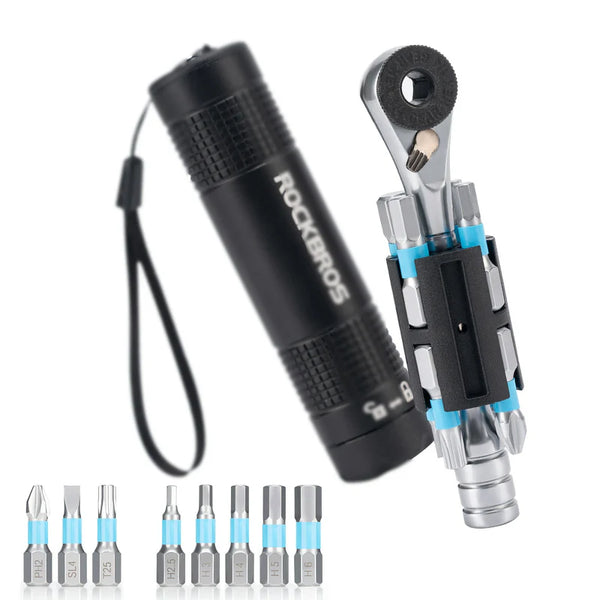 ROCKBROS compact ratchet bike tool kit with alloy steel bits and portable aluminum storage case