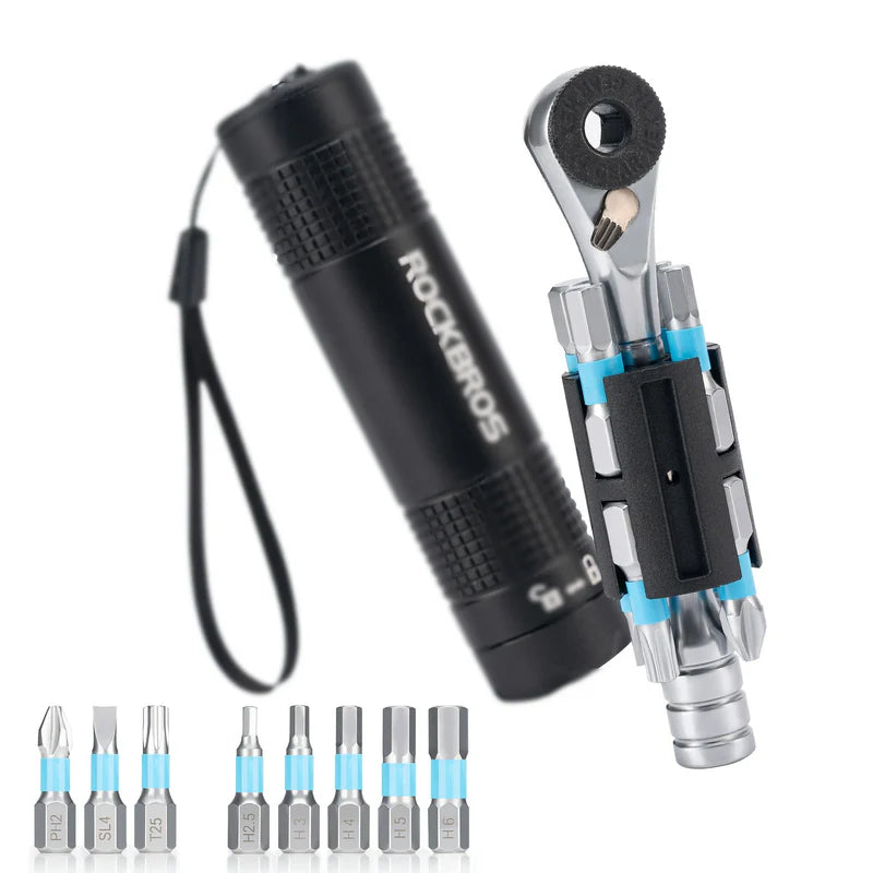ROCKBROS compact ratchet bike tool kit with alloy steel bits and portable aluminum storage case