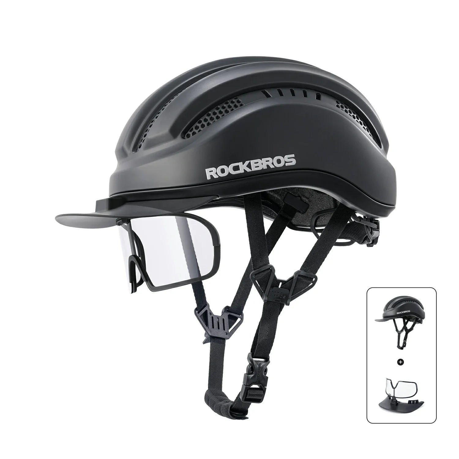 ROCKBROS lightweight cycling helmet with magnetic visor for daily commuting
#Color_ Black+Glasses
