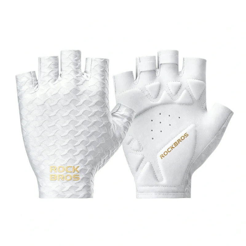 ROCKBROS half finger cycling gloves with SBR padded palms, breathable fabric, and silicone grip for road and mountain biking
#Color_White