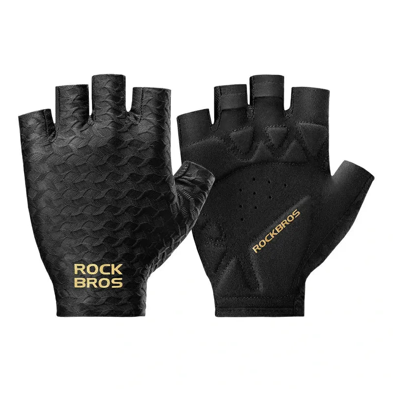 ROCKBROS half finger cycling gloves with SBR padded palms, breathable fabric, and silicone grip for road and mountain biking
#Color_Black