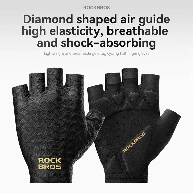 ROCKBROS half finger cycling gloves with SBR padded palms, breathable fabric, and silicone grip for road and mountain biking