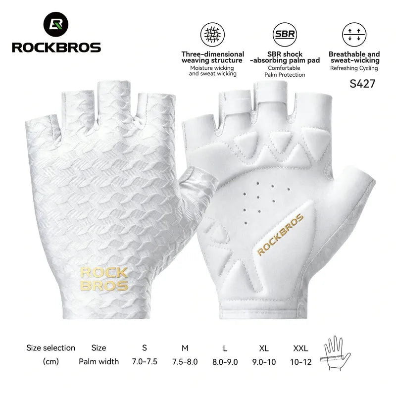 ROCKBROS half finger cycling gloves with SBR padded palms, breathable fabric, and silicone grip for road and mountain biking
#Color_White