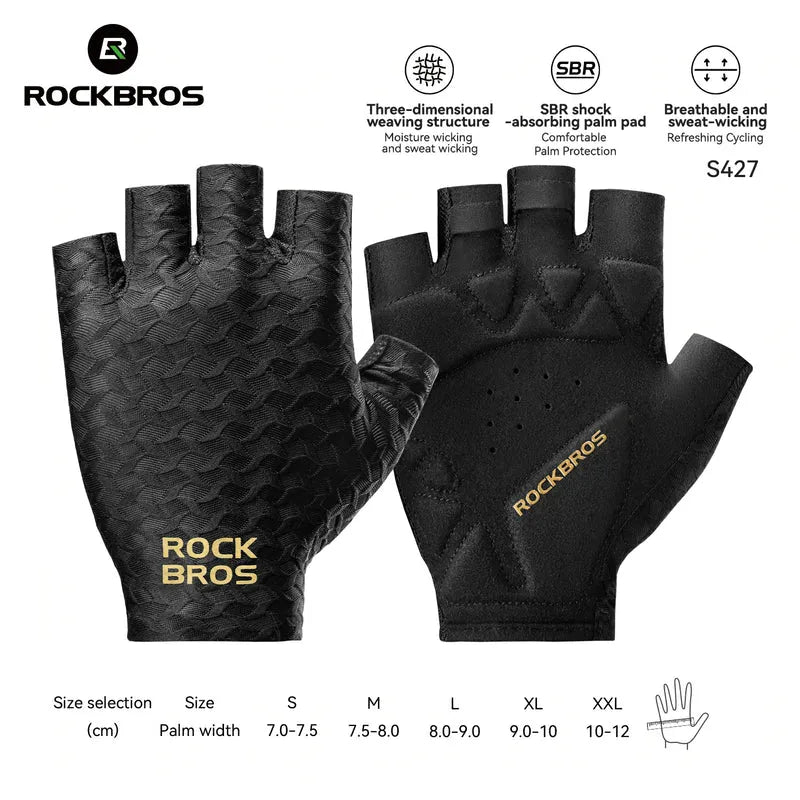 ROCKBROS half finger cycling gloves with SBR padded palms, breathable fabric, and silicone grip for road and mountain biking
#Color_Black