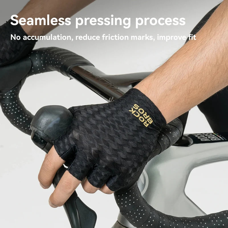 ROCKBROS half finger cycling gloves with SBR padded palms, breathable fabric, and silicone grip for road and mountain biking