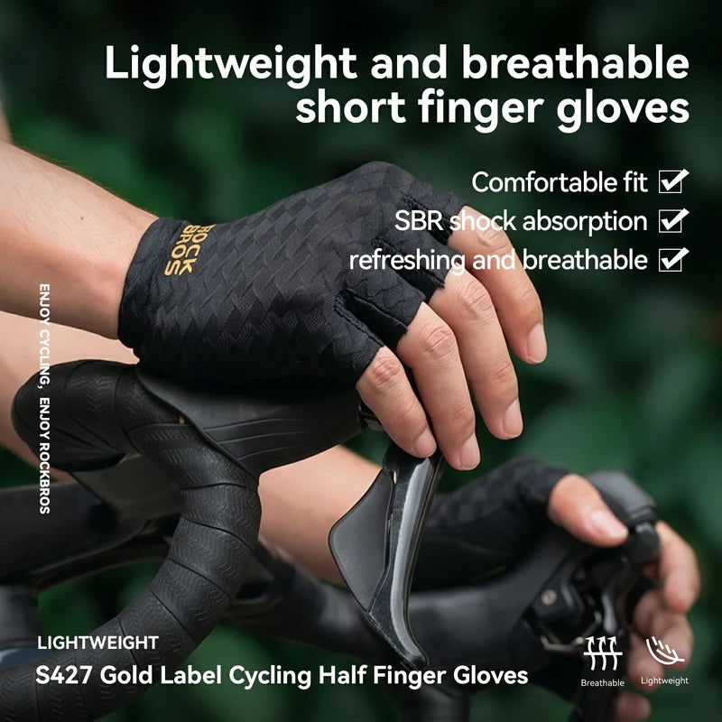 ROCKBROS half finger cycling gloves with SBR padded palms, breathable fabric, and silicone grip for road and mountain biking