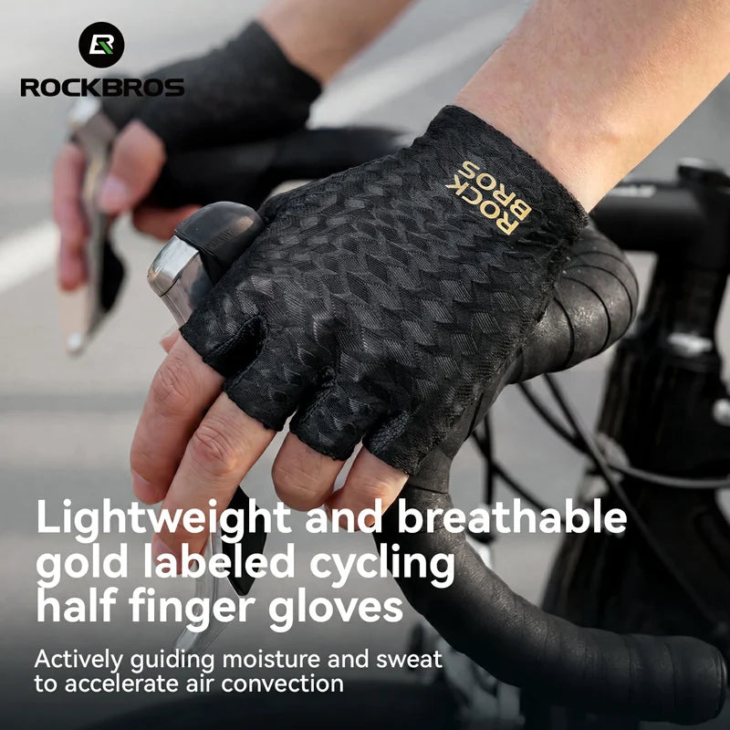 ROCKBROS half finger cycling gloves with SBR padded palms, breathable fabric, and silicone grip for road and mountain biking