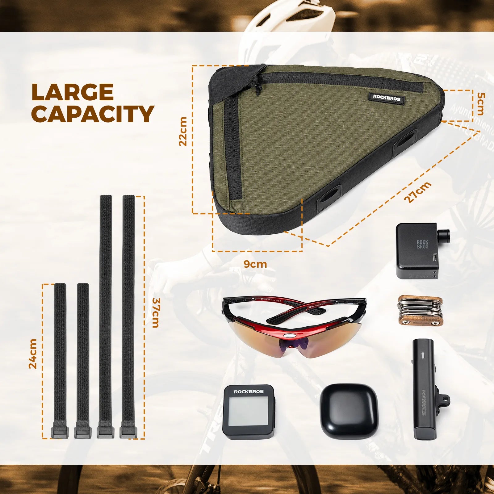 ROCKBROS 1.5L Large Capacity Bike Triangle Bag, Durable Polyester Cycling Frame Bag