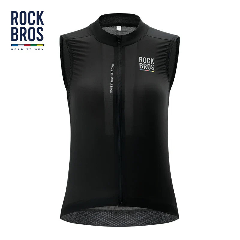 Black sleeveless cycling jacket with 'Rock Bros' branding on a white  background #color_black