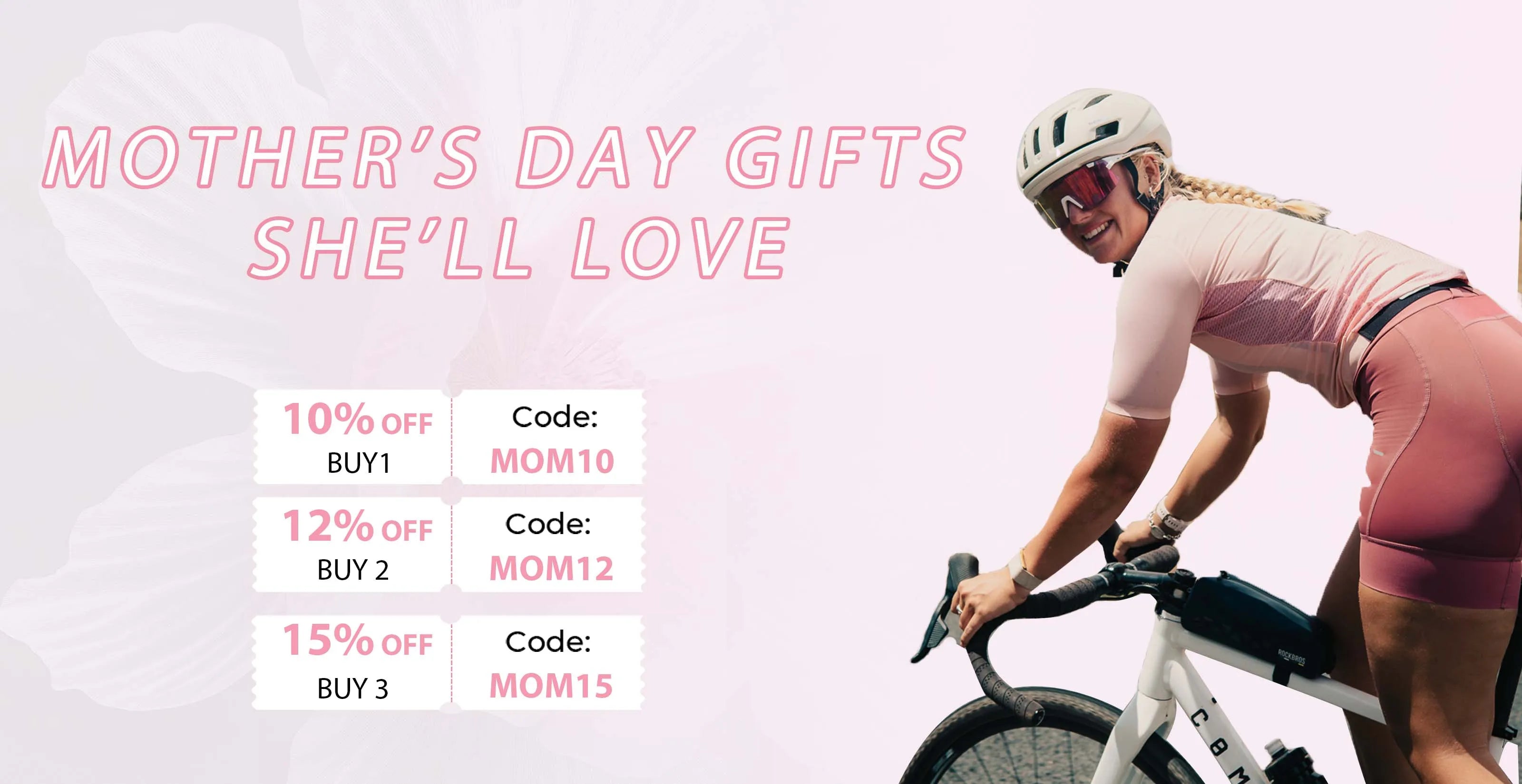 Mother’s Day gifts for her with up to 15% off, featuring cycling gear and bike accessories from ROCKBROS