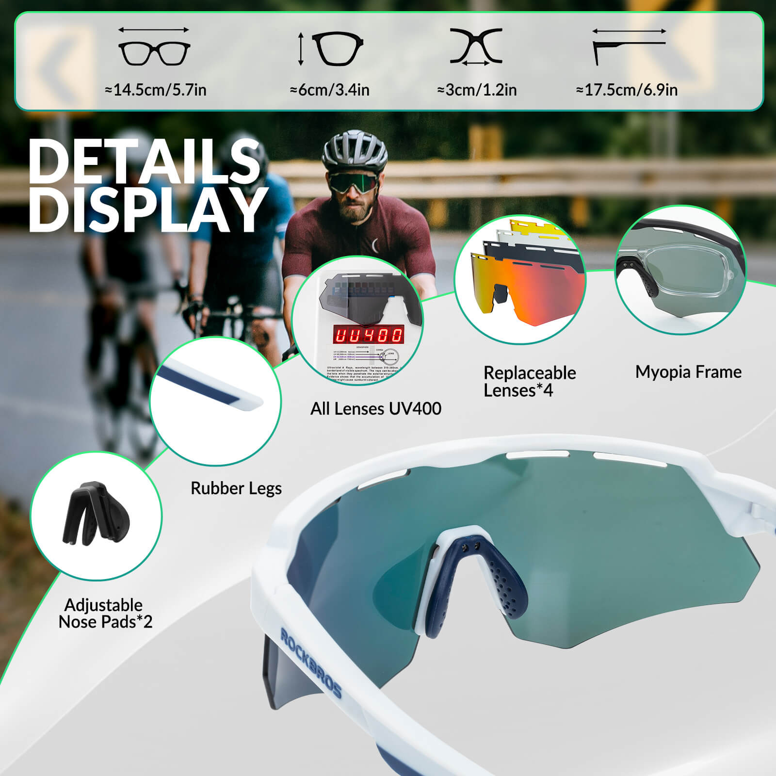 Polarized cycling sunglasses with 4 interchangeable lenses for different light conditions
#Color_White