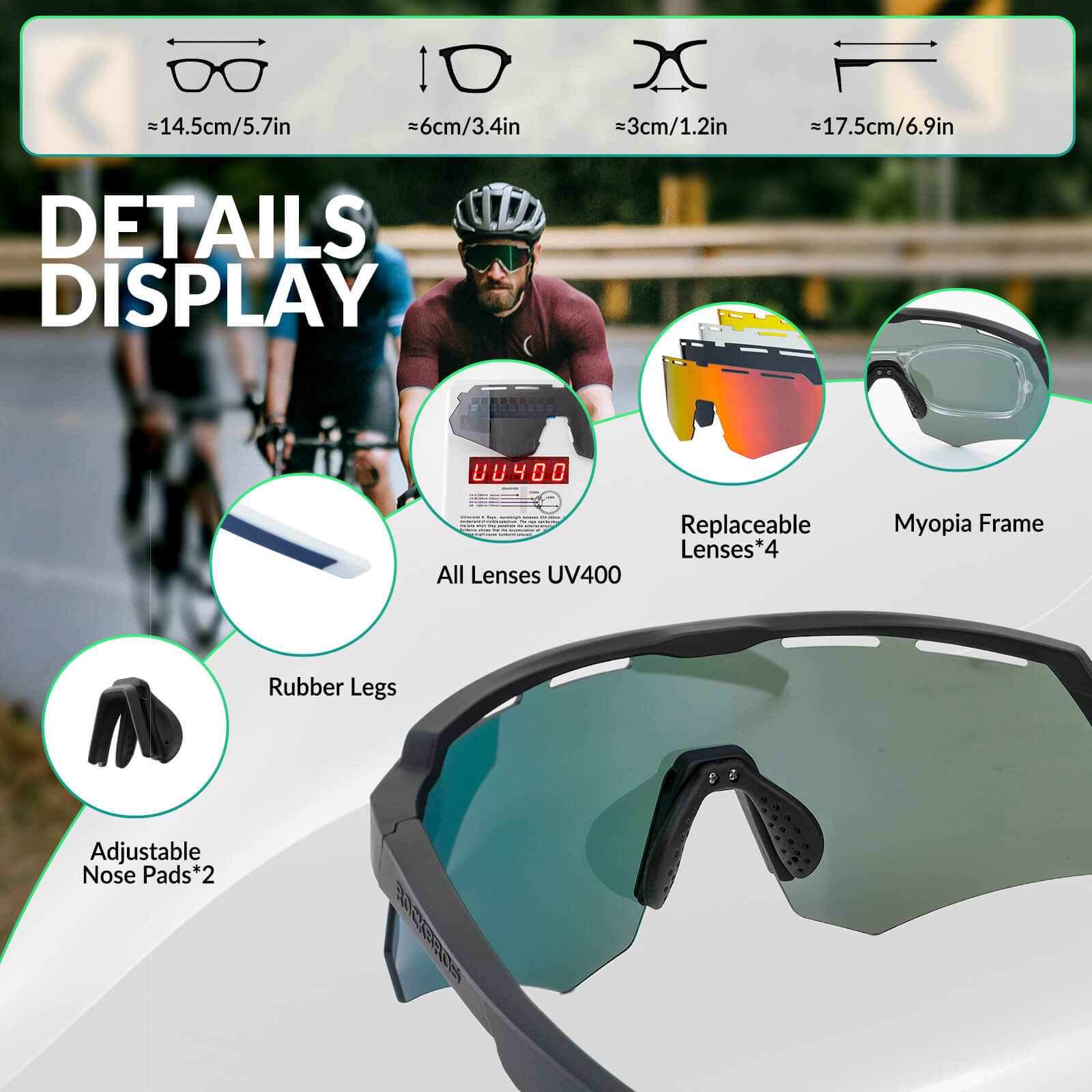 Polarized cycling sunglasses with 4 interchangeable lenses for different light conditions
#Color_Black