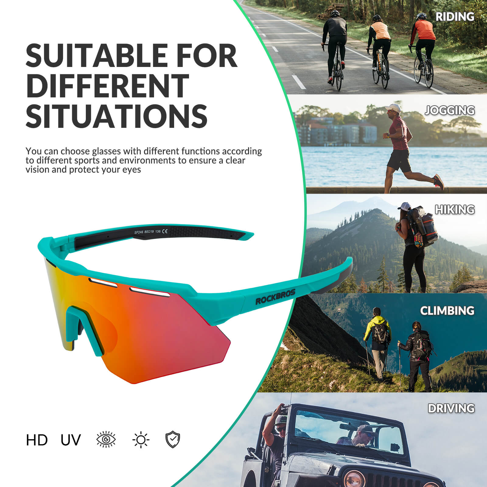 Polarized cycling sunglasses with 4 interchangeable lenses for different light conditions
#Color_Green