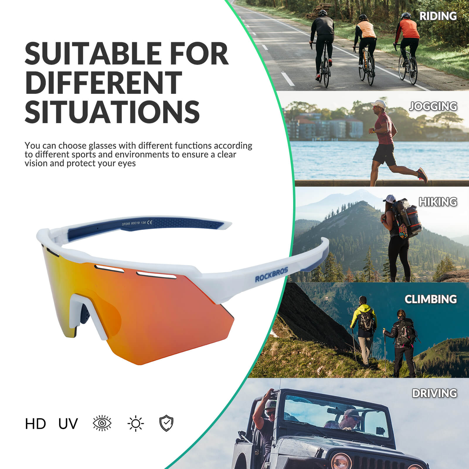 Polarized cycling sunglasses with 4 interchangeable lenses for different light conditions
#Color_White