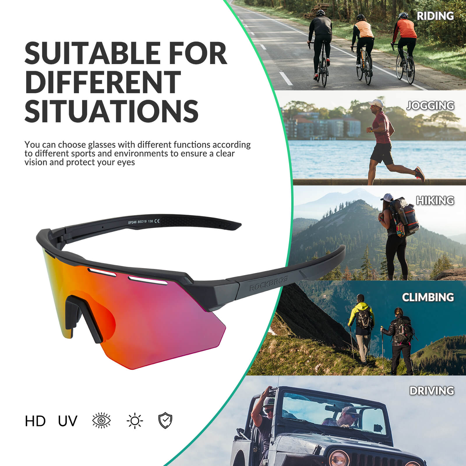Polarized cycling sunglasses with 4 interchangeable lenses for different light conditions
#Color_Black