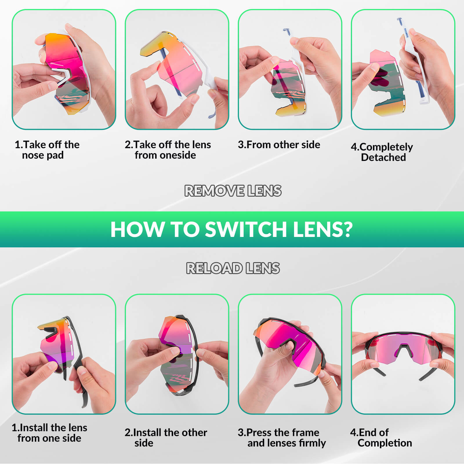 Polarized cycling sunglasses with 4 interchangeable lenses for different light conditions