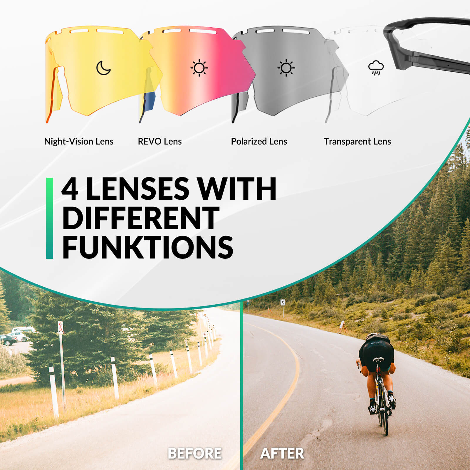 Polarized cycling sunglasses with 4 interchangeable lenses for different light conditions