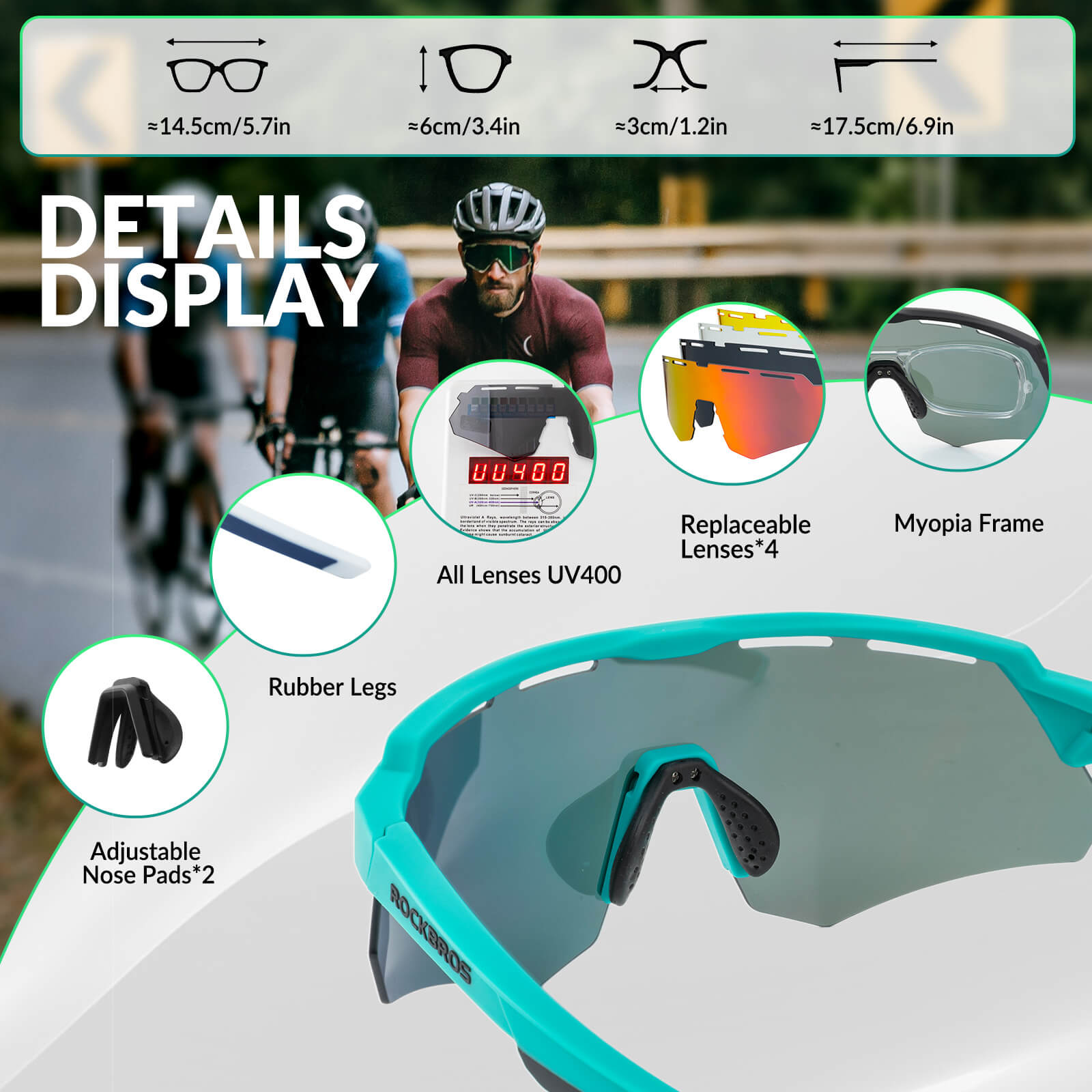 Polarized cycling sunglasses with 4 interchangeable lenses for different light conditions
#Color_Green
