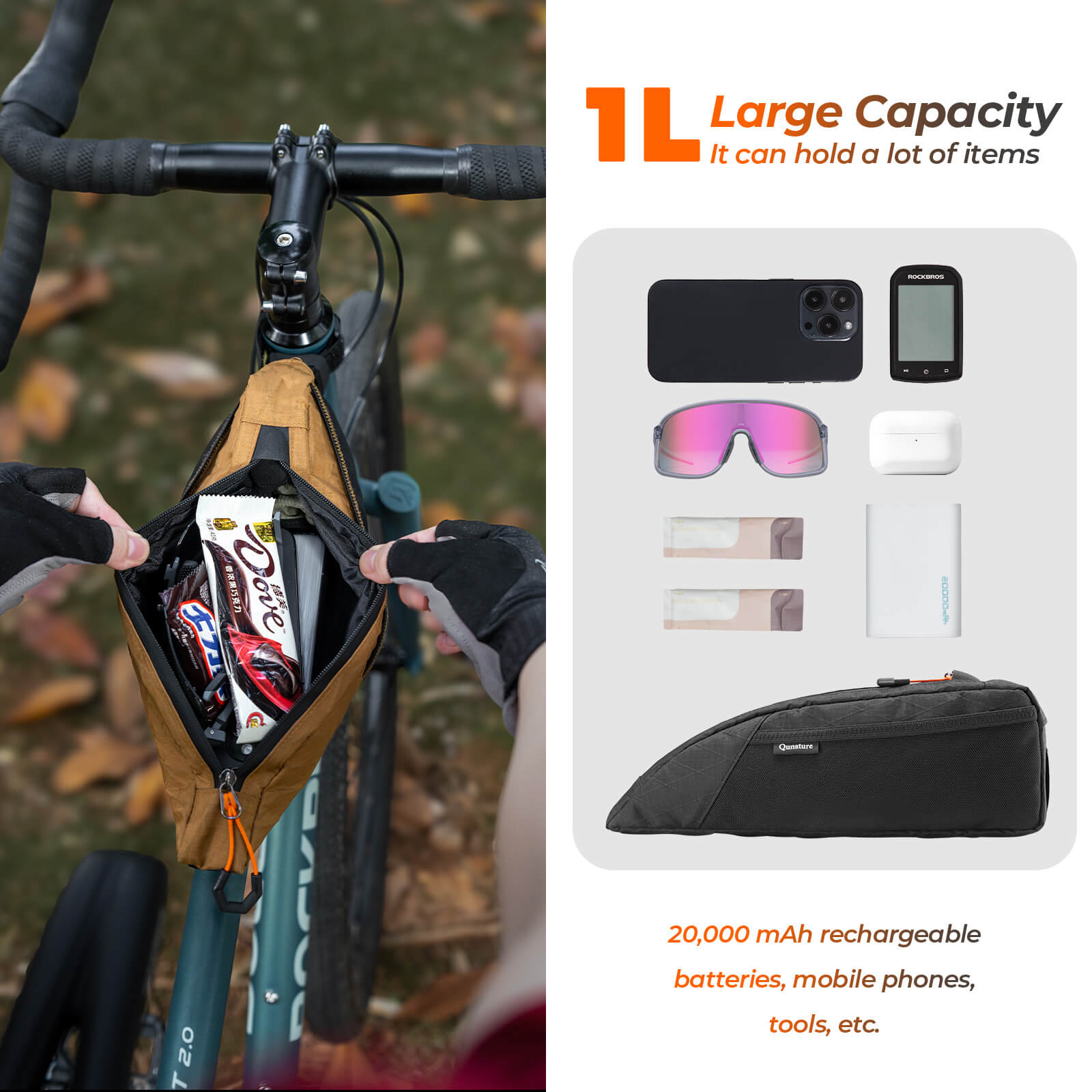 Qunature 1L Aerodynamic Top Tube Bag: Water-Resistant Bike Bag with Side Mesh Pocket and Dual Mounting Options