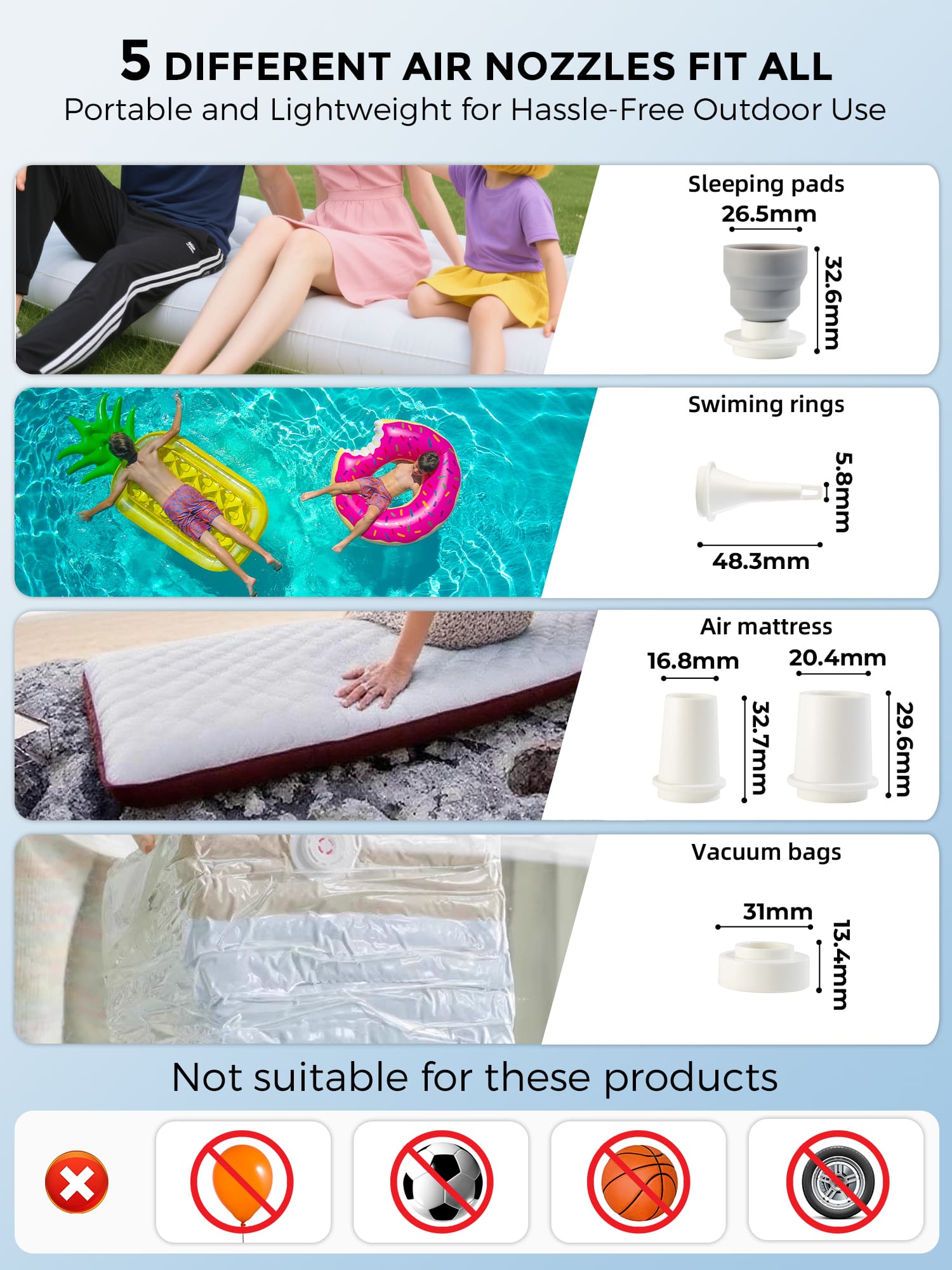 Qunature ATOMIC Mini Air Pump with five nozzle adapters for multiple inflatables
#Color_Blue