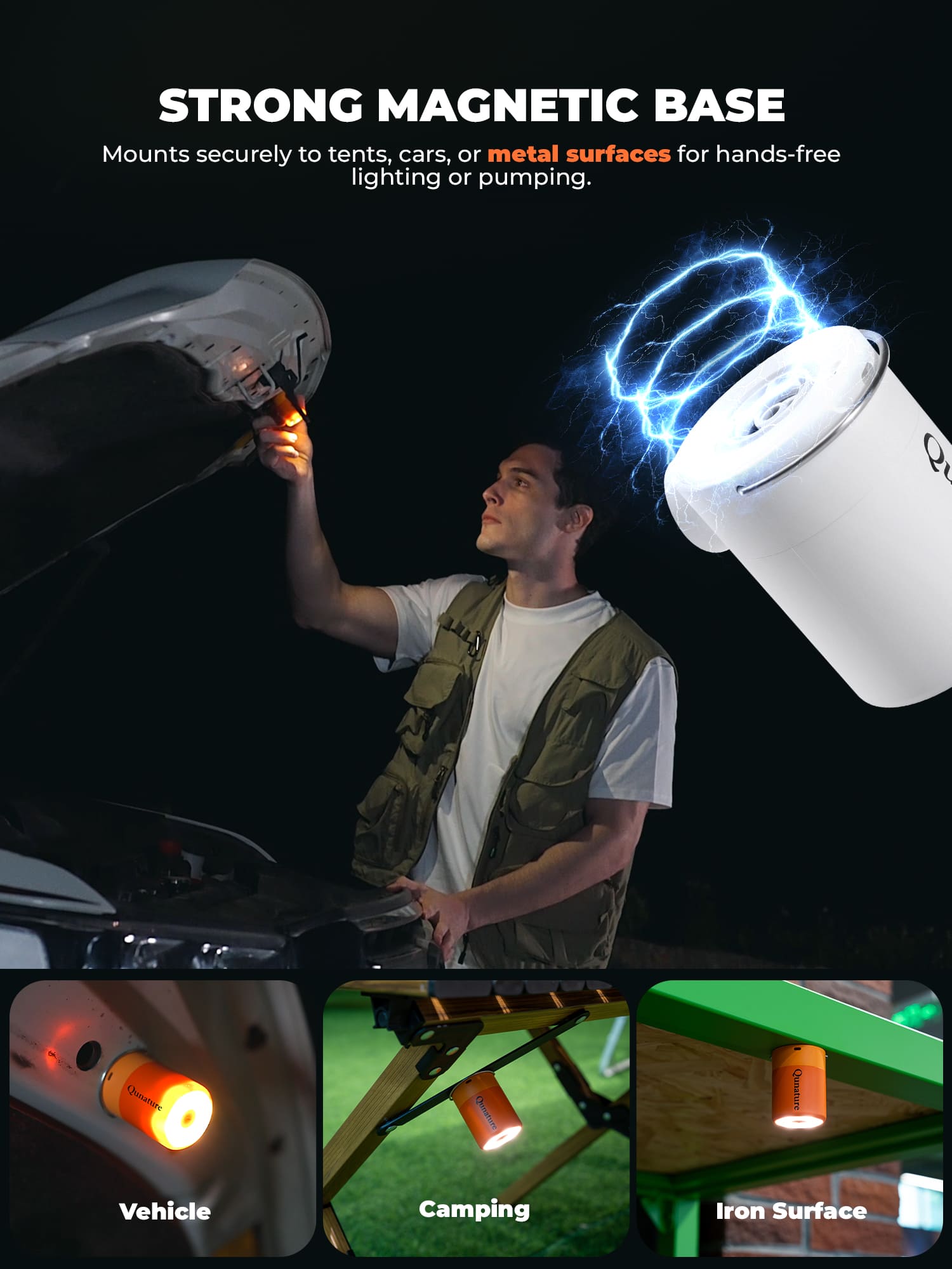 Qunature ATOMIC air pump with LED camping light for night use
#Color_White