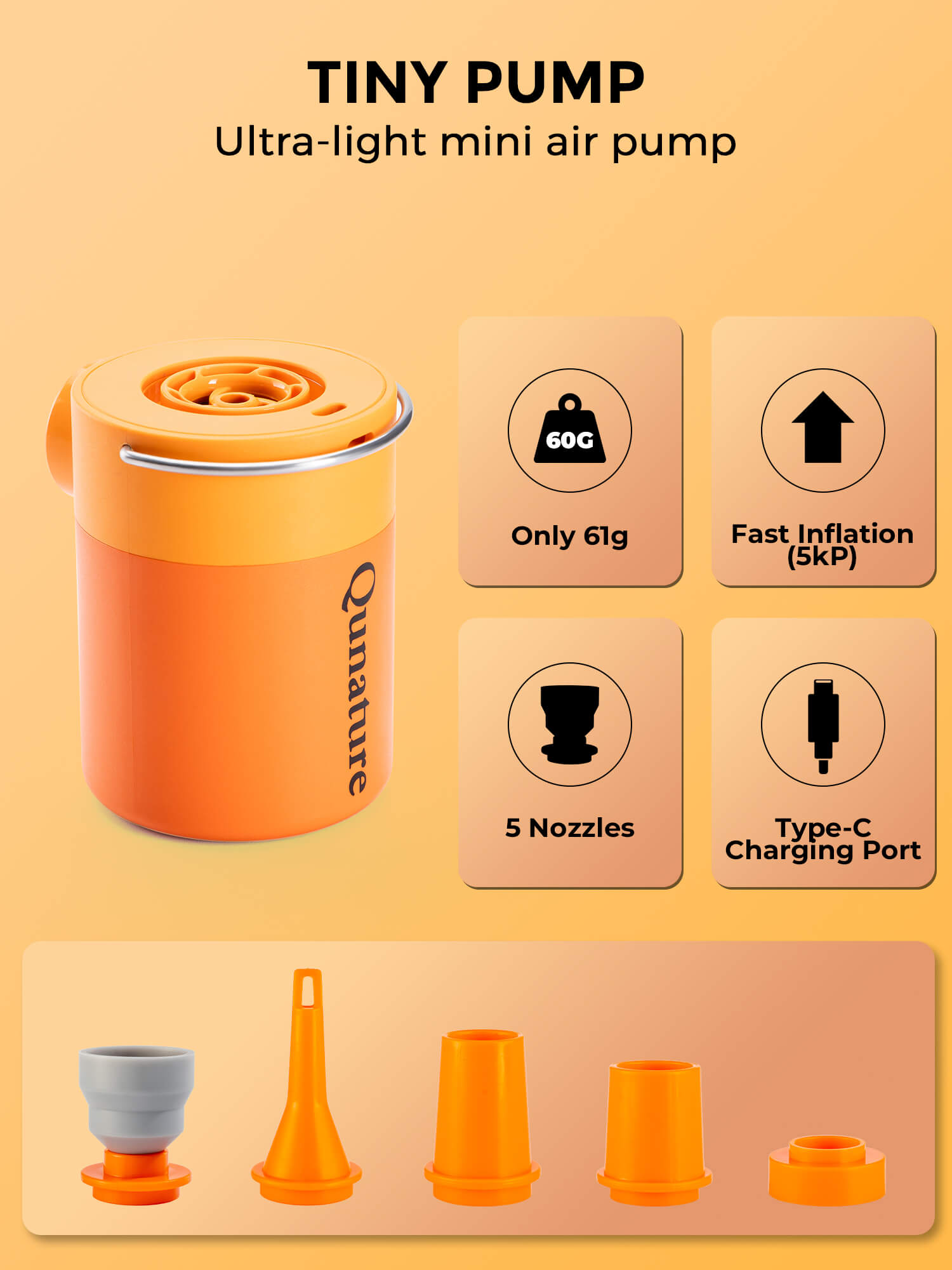 Qunature ATOMIC Mini Electric Air Pump for camping and outdoor inflatables
#Color_Orange