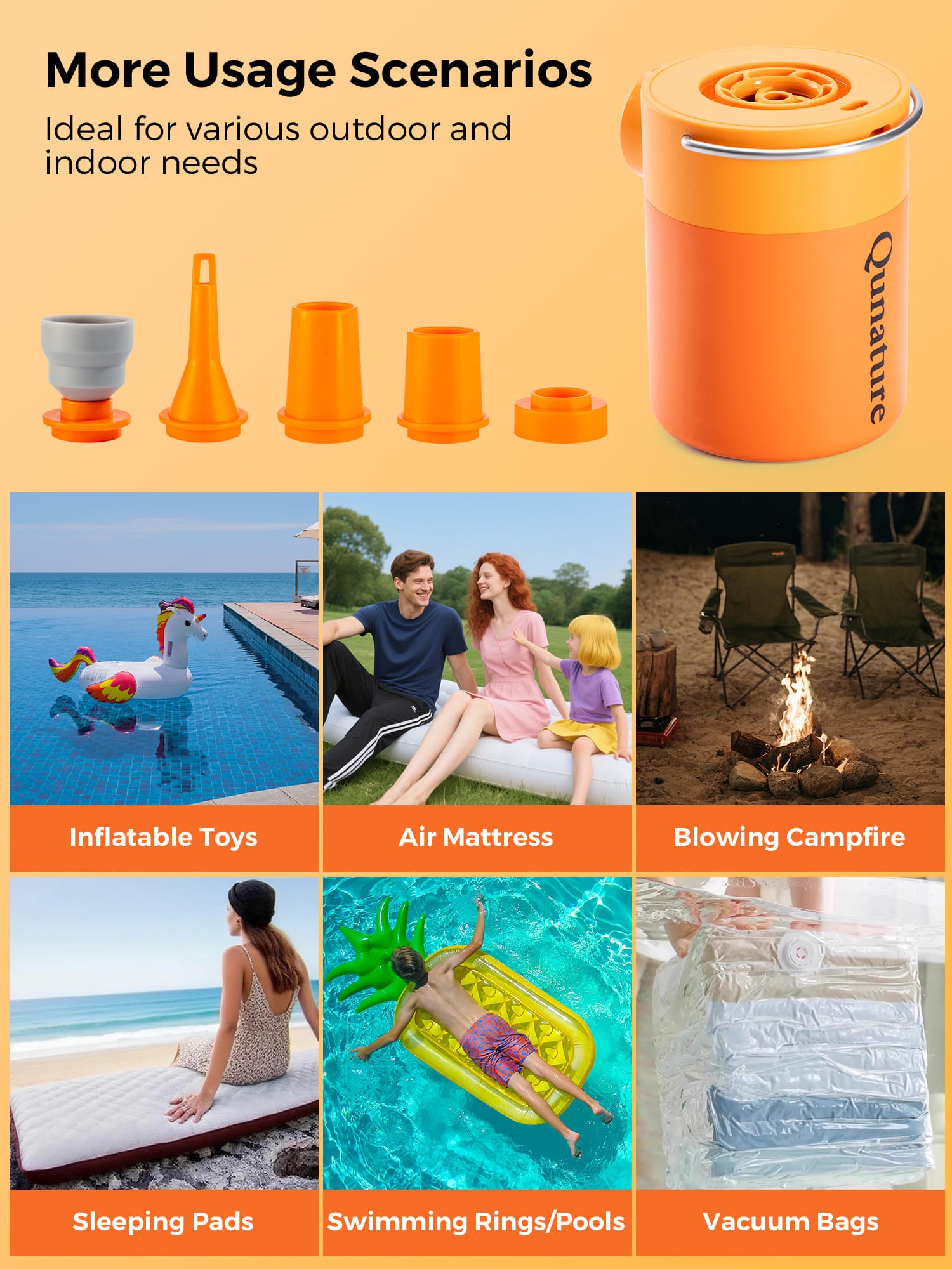 Qunature ATOMIC Mini Air Pump with five nozzle adapters for multiple inflatables
#Color_Orange