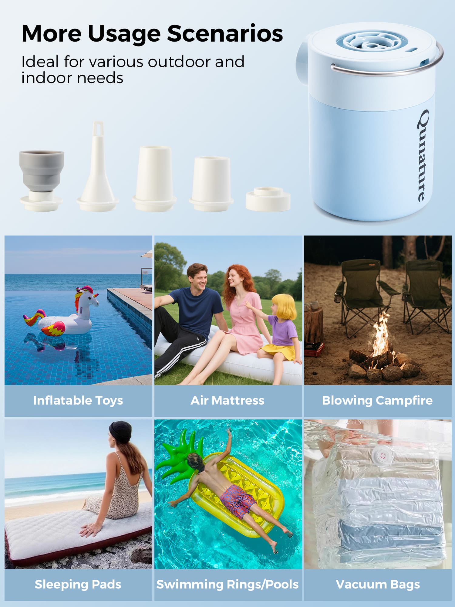 Qunature ATOMIC Mini Air Pump with five nozzle adapters for multiple inflatables
#Color_Blue