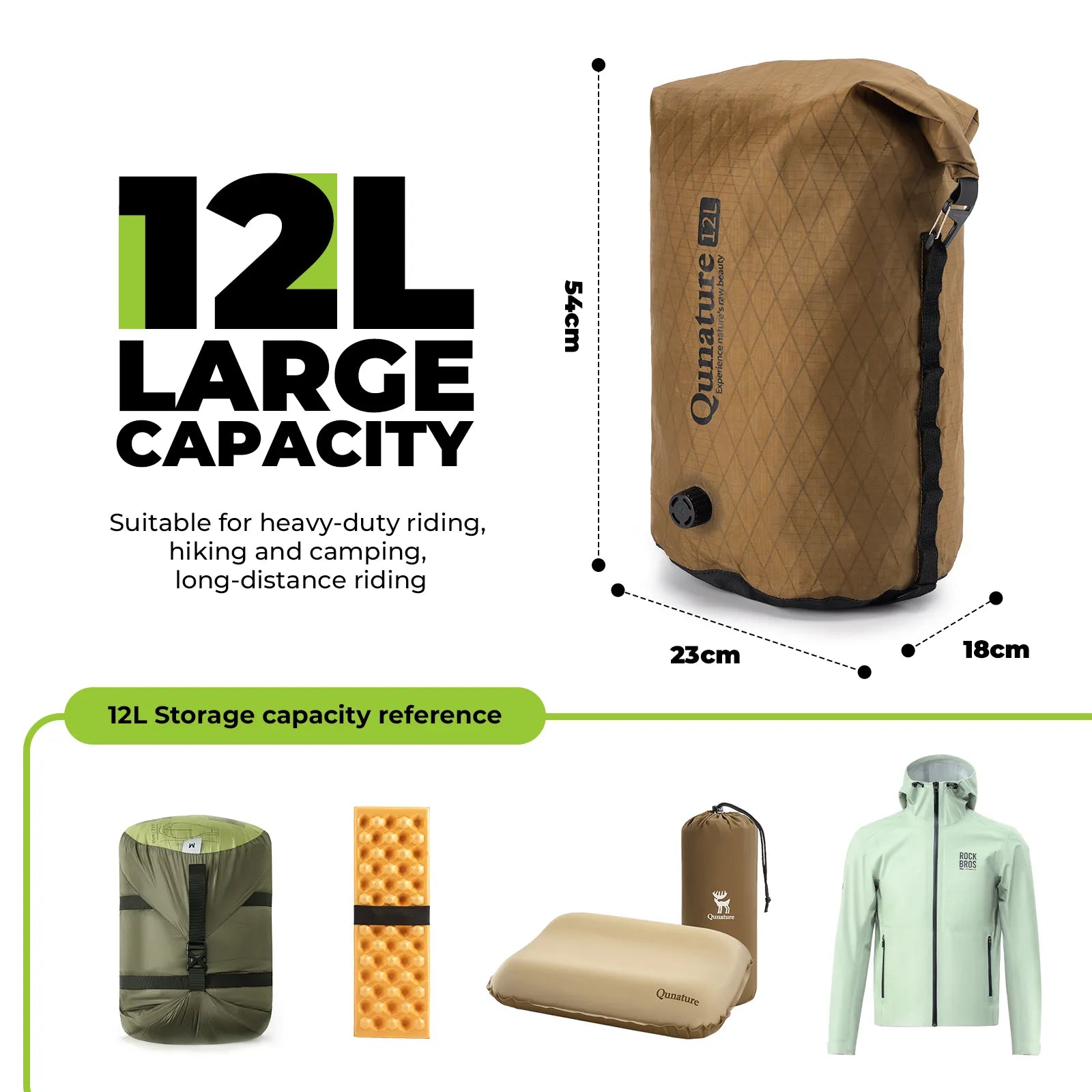 Qunature waterproof bikepacking compression dry bag for cycling, bike touring, and camping adventures
#Color_Khaki