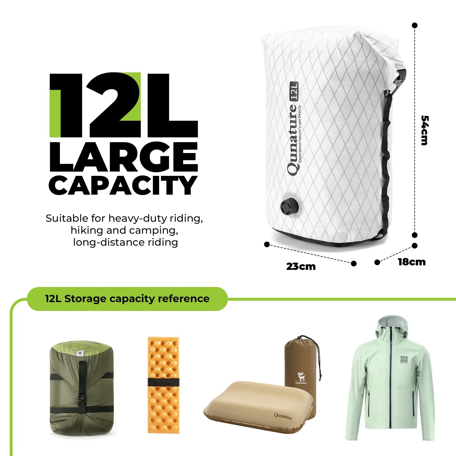 Qunature waterproof bikepacking compression dry bag for cycling, bike touring, and camping adventures
#Color_White