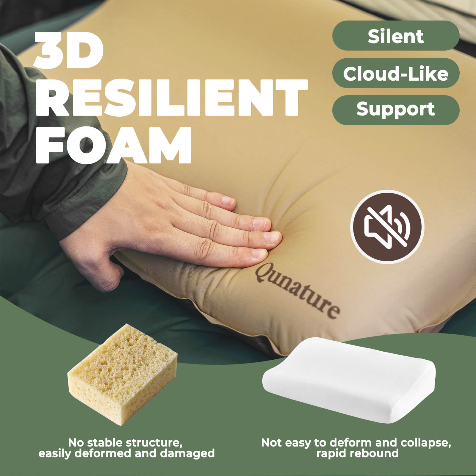 Close-up of Qunature camping pillow filled with 3D high elastic sponge for soft and supportive comfort.