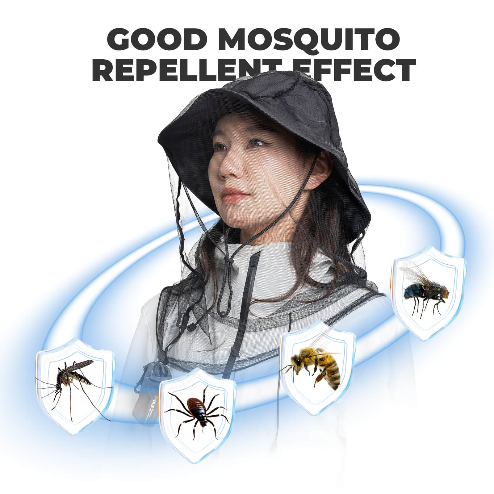 Qunature mosquito head net mesh with ultra-fine fabric for 360-degree insect protection during outdoor camping.