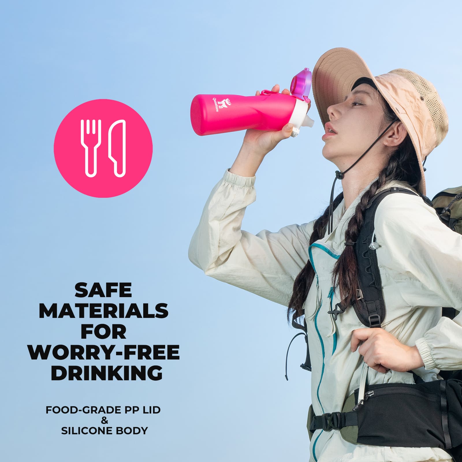 Qunature collapsible silicone water bottle with angled spout leak-proof portable design for cycling
#Color_Pink