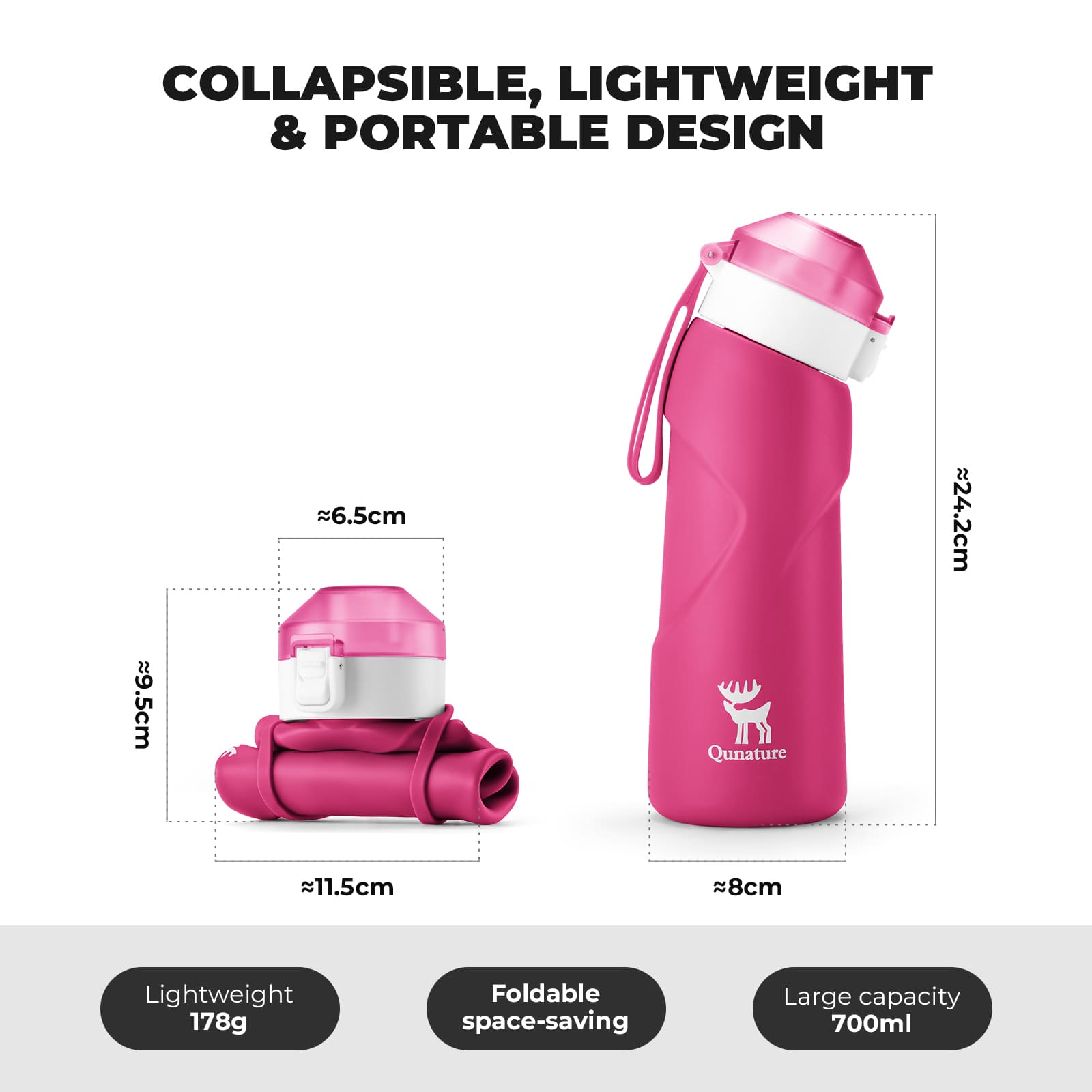 Qunature collapsible silicone water bottle with angled spout leak-proof portable design for cycling
#Color_Pink