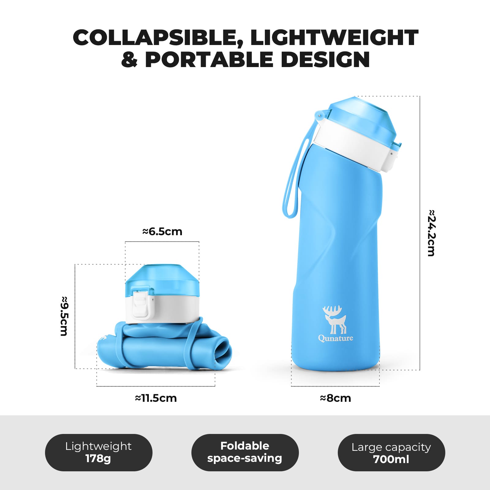 Qunature collapsible silicone water bottle with angled spout leak-proof portable design for cycling
#Color_Blue