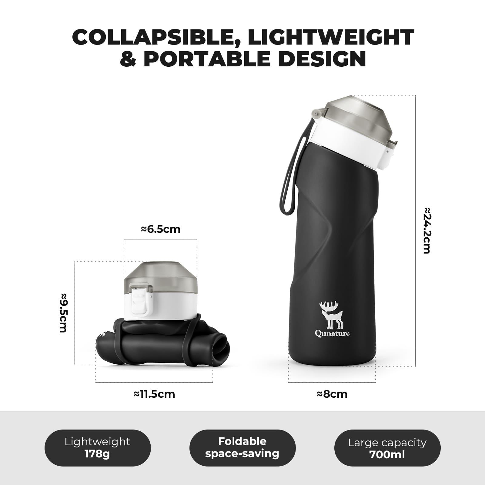 Qunature collapsible silicone water bottle with angled spout leak-proof portable design for cycling
#Color_Black