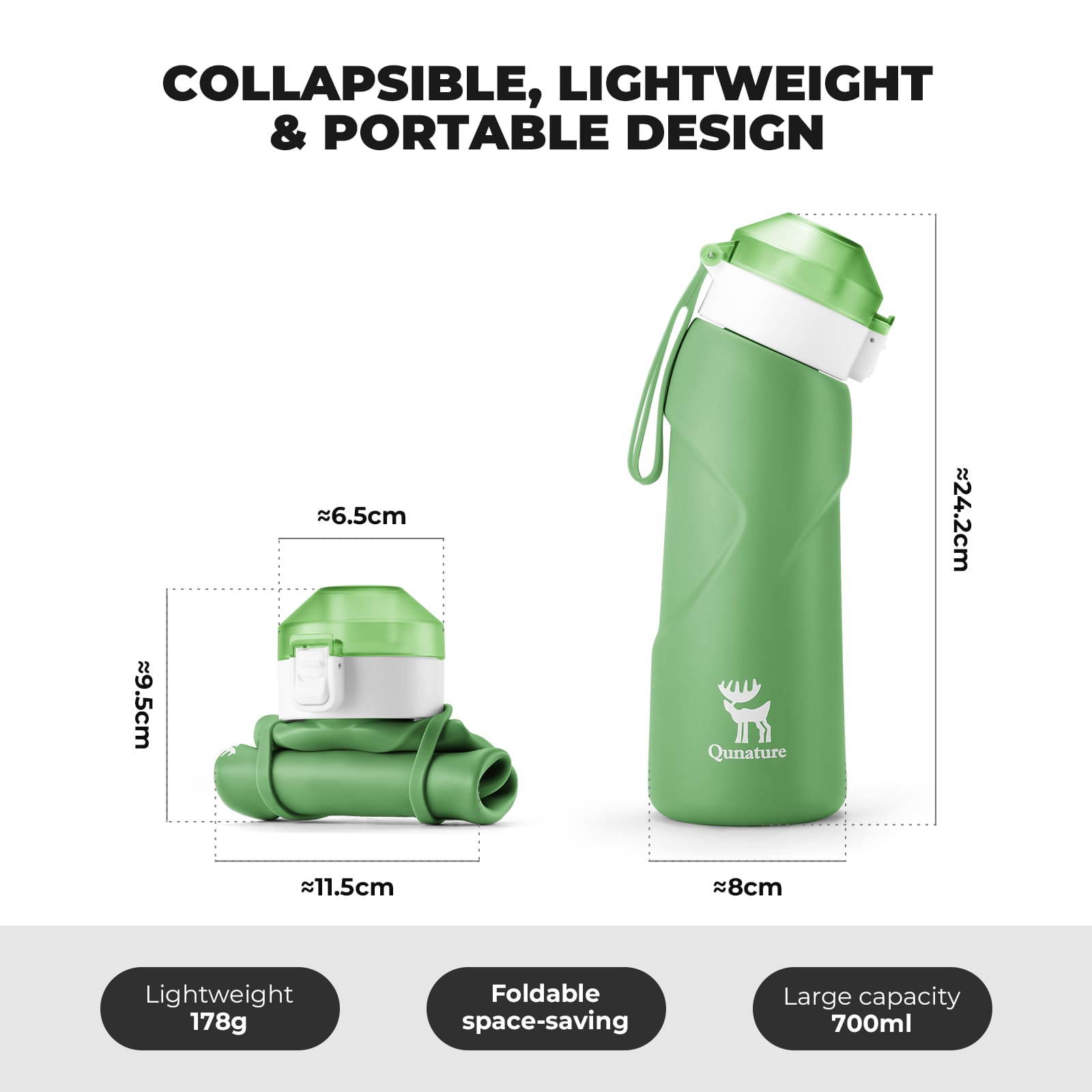 Qunature collapsible silicone water bottle with angled spout leak-proof portable design for cycling
#Color_Green