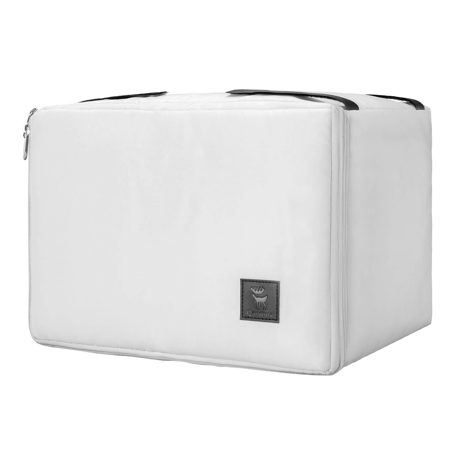 Qunature foldable cooler bag in a compact folded state, featuring a smart space-saving design with hook-and-loop closure.