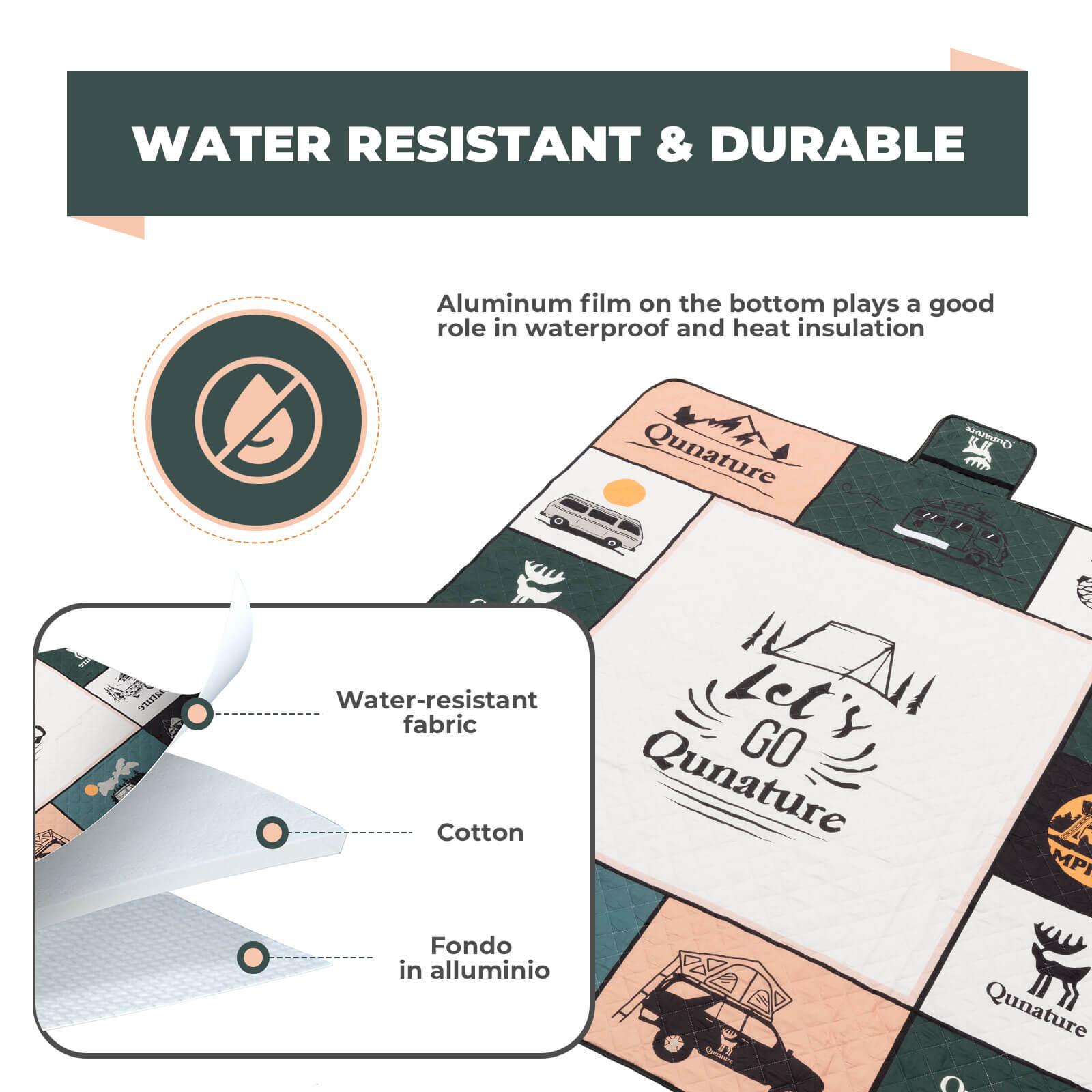 Qunature picnic blanket for 6–8 people, waterproof and foldable for outdoor use