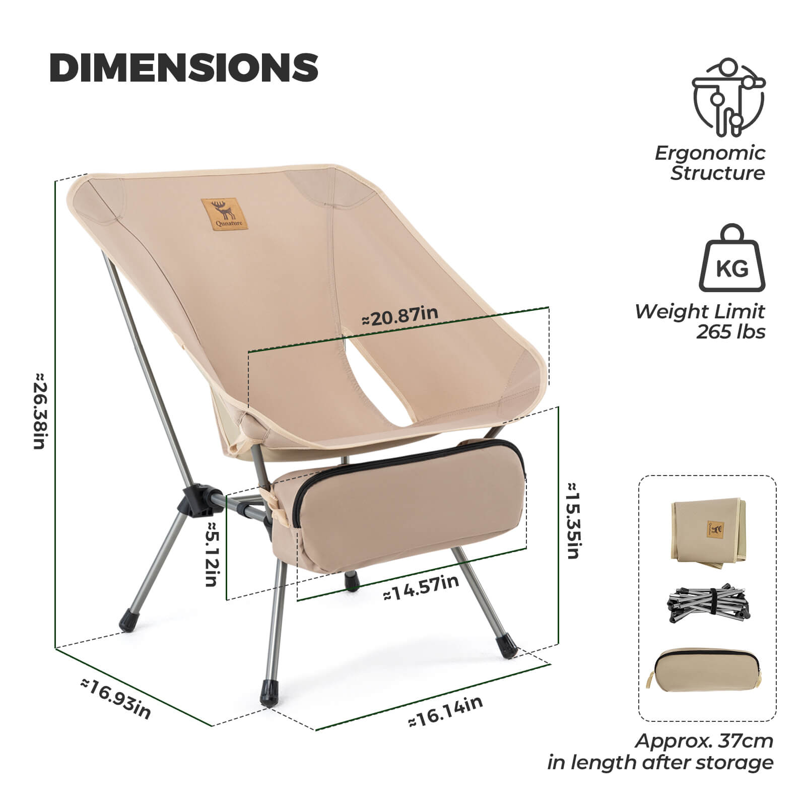 Dimensions of the Qunature lightweight folding camp chair