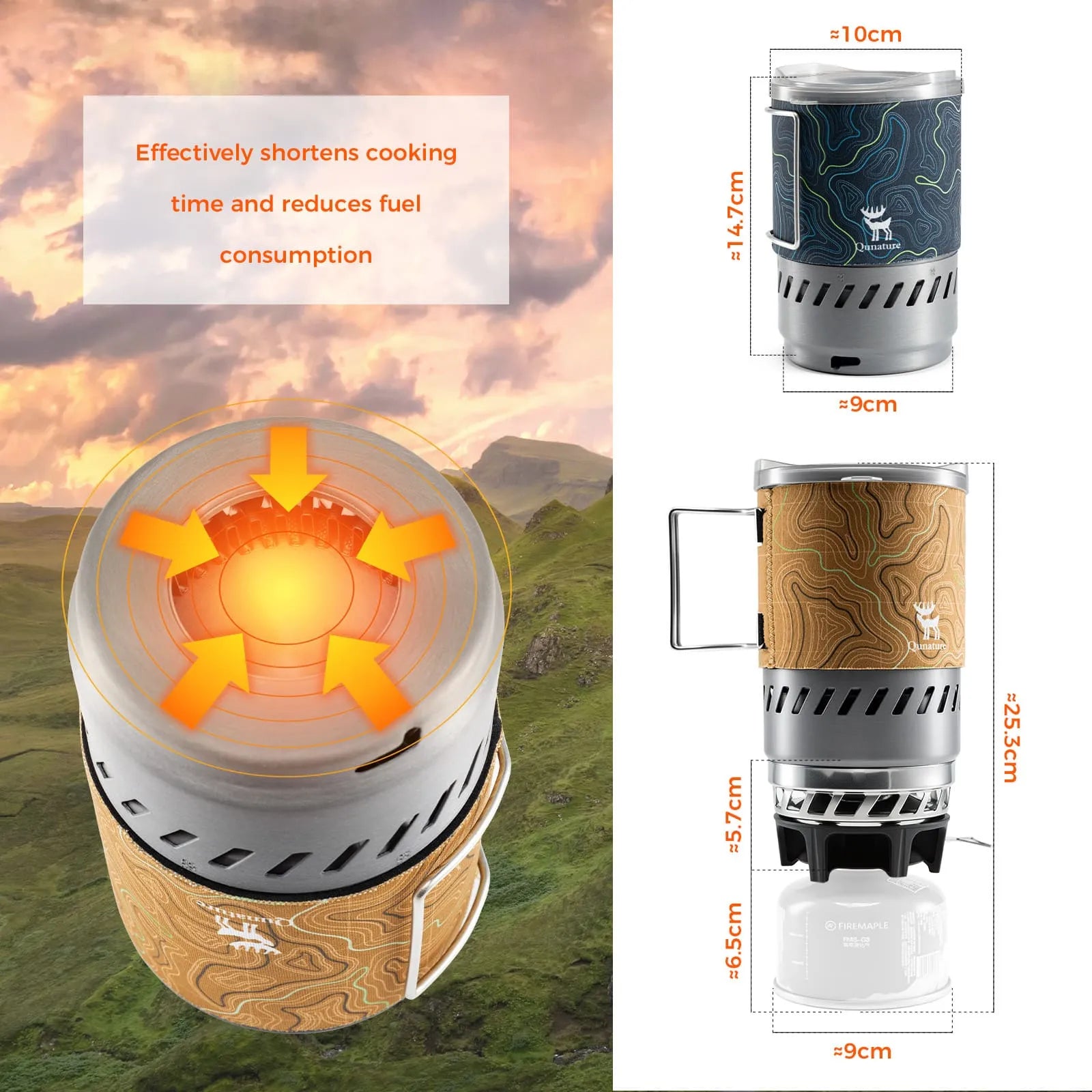 qunature integrated heat exchange camping stove system 0.6l portable 1700w cooking set for camping hiking 