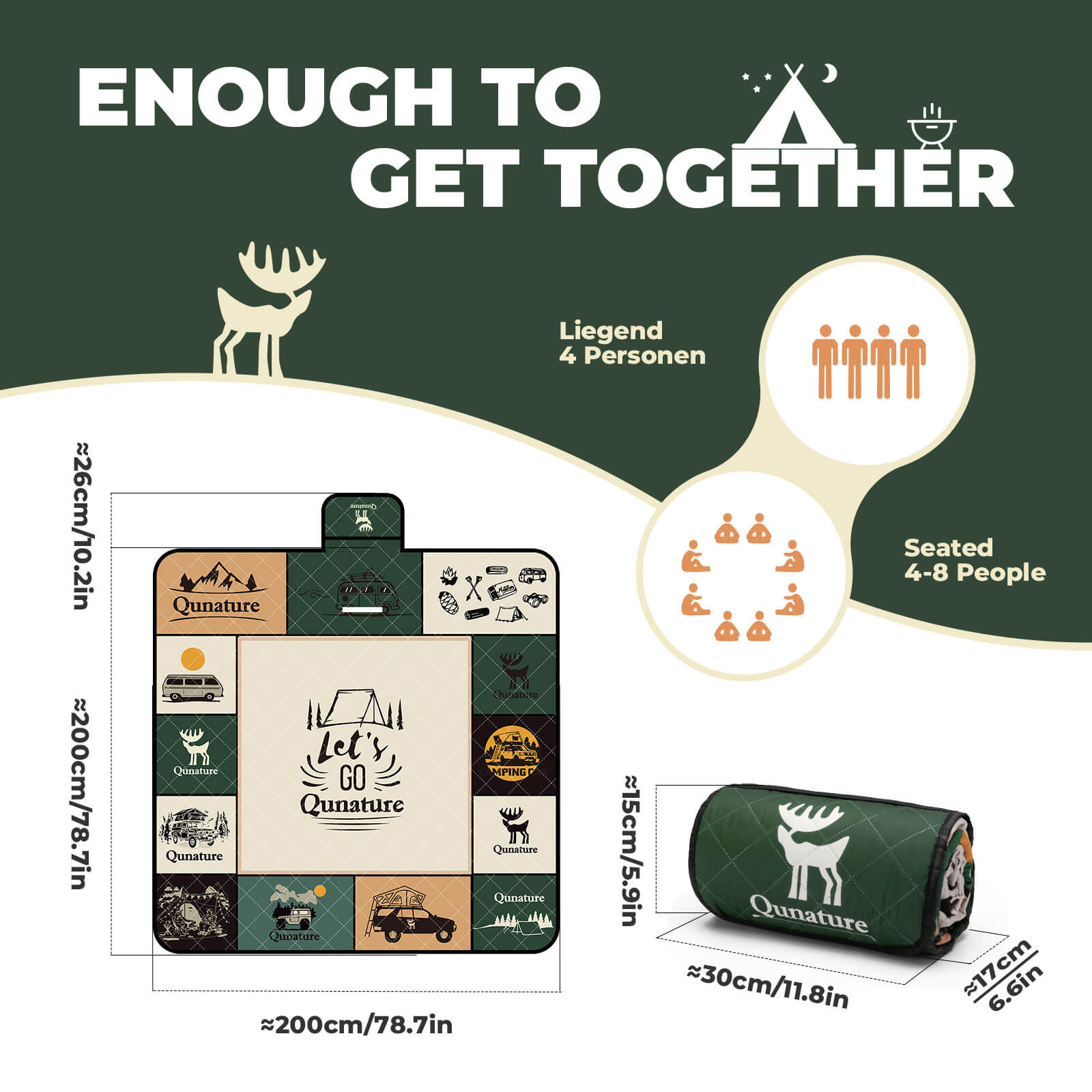 Qunature picnic blanket for 6–8 people, waterproof and foldable for outdoor use