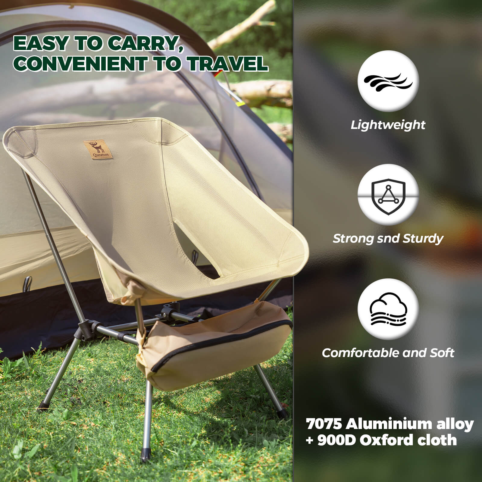 Qunature folding camp chair supporting up to 260 lbs